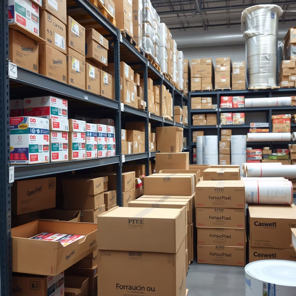 Boxed merchandise stacked on warehouse shelving.